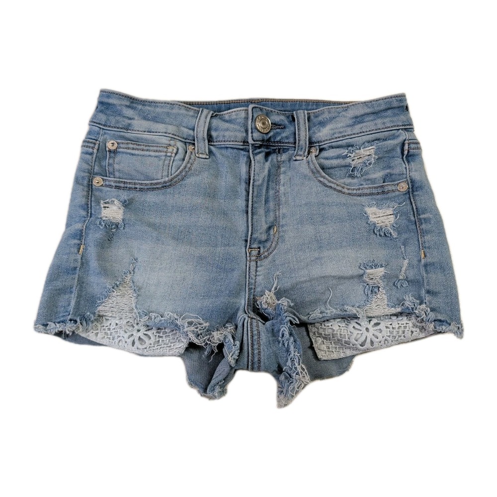 American Eagle Hi Rise Shortie Jean Shorts Women 2 Next Level Stretch Distressed